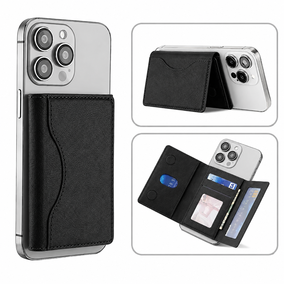 Slim Tri-Fold MagSafe Leather Wallet With Stand